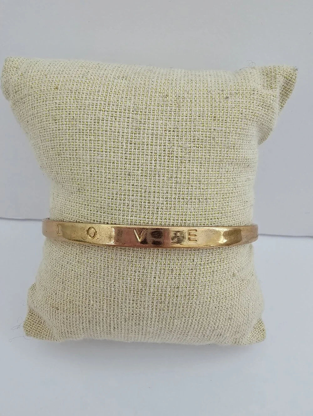 Vintage Gold Tone Love Stamped Cuff Bracelet Open Finial Ball Minimalist Message